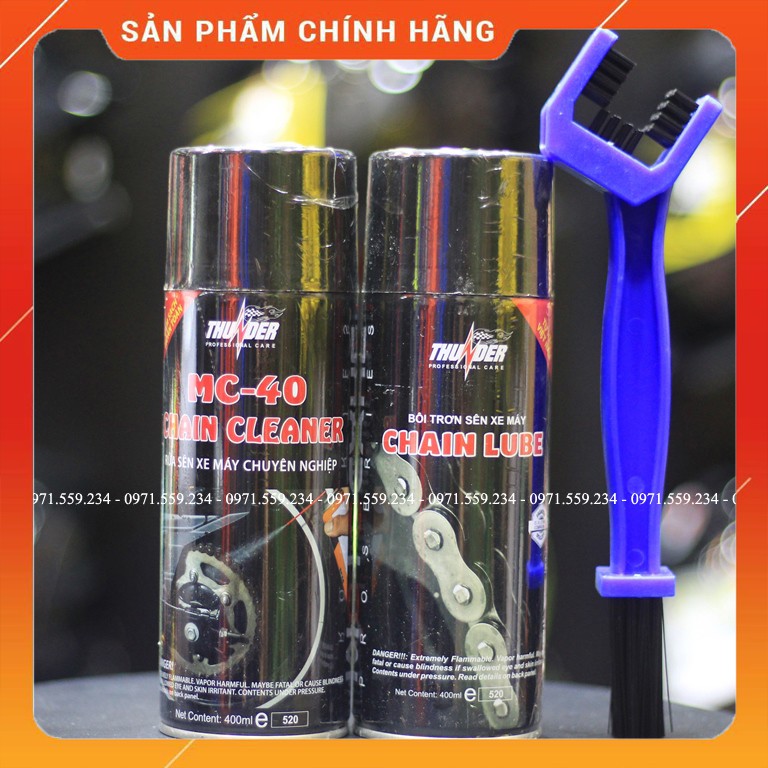 Combo vệ sinh sên MC-40 400ml, Bôi trơn dưỡng sên Thunder 400ml và bàn chải sên chuyên nghiệp