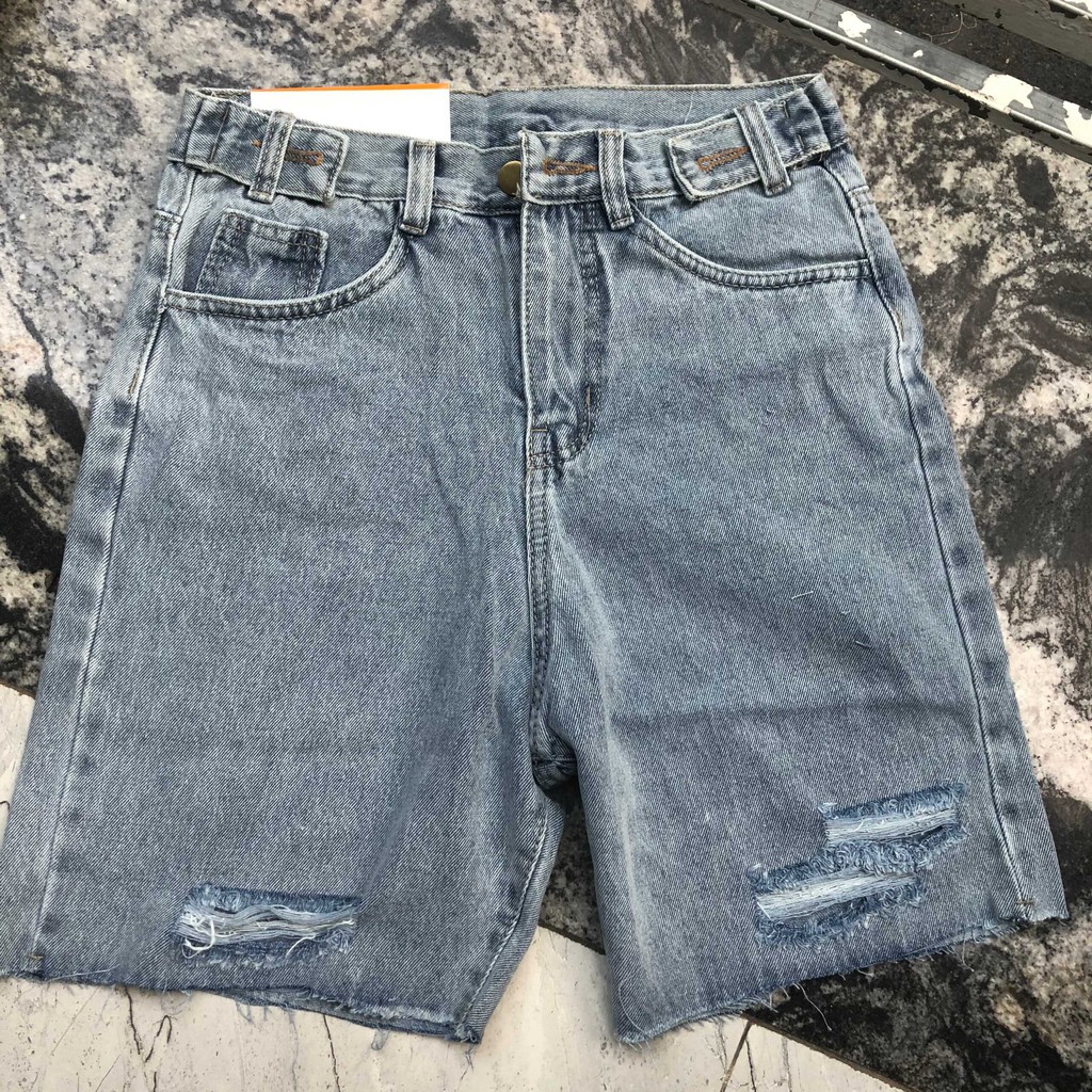 Quần Short Jeans Rách Đùi, Quần Ngố Jean Lửng Nữ Form Rộng Trơn Basic, Labibi