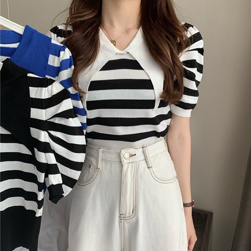 Áo thun IELGY tay ngắn cổ bẻ in họa tiết kẻ sọc nhiều màu sành điệu cho nữ