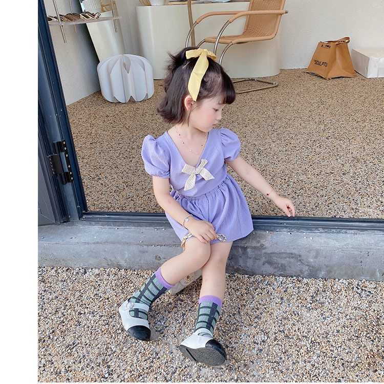 Bộ Áo Thun Tay Ngắn Phồng Đính Nơ + Quần Short Thời Trang Mùa Hè Hàn Quốc 2023 Mới Dành Cho Bé Gái