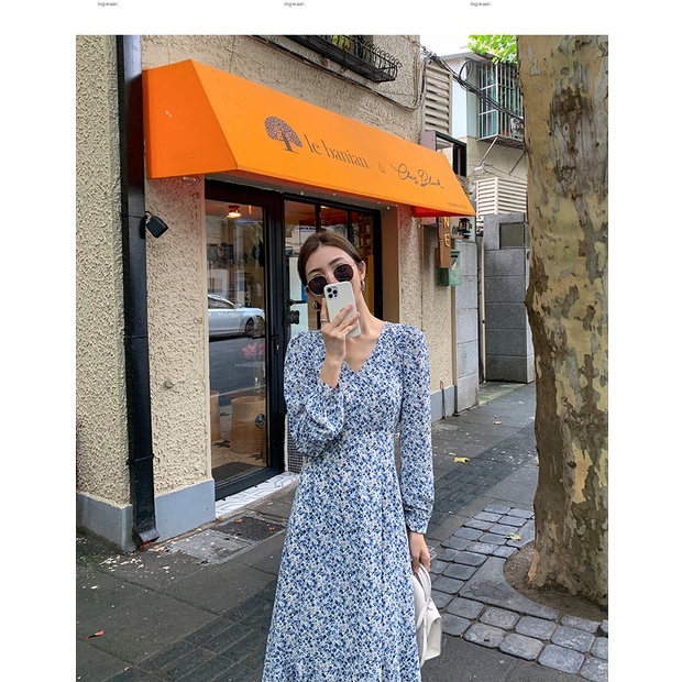 Váy hoa nhí xanh vintage nhẹ nhàng dài tay dáng dài style Hàn Quốc đơn giản