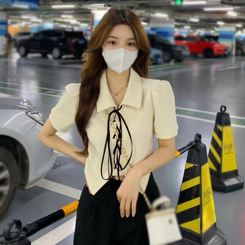 Áo Sơ Mi Tay Ngắn Phồng Phối Cà Vạt Phong Cách Retro Dành Cho Nữ