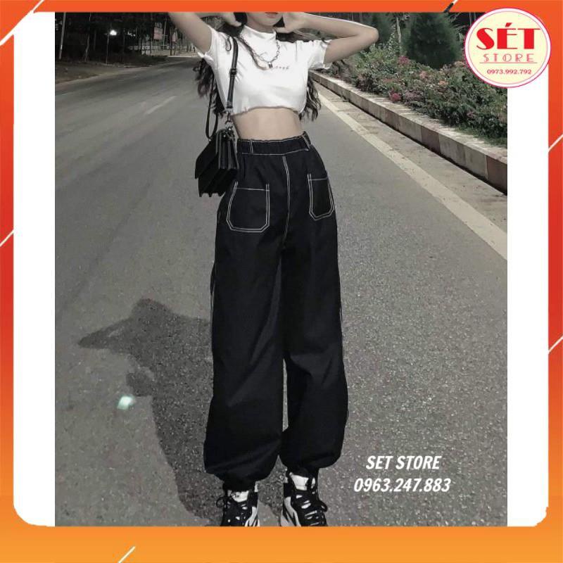 Quần ống rộng dáng Jogger bo gấu ,chỉ nổi giả bò siêu đẹp - KA0123,1 màu Đen -Setstore