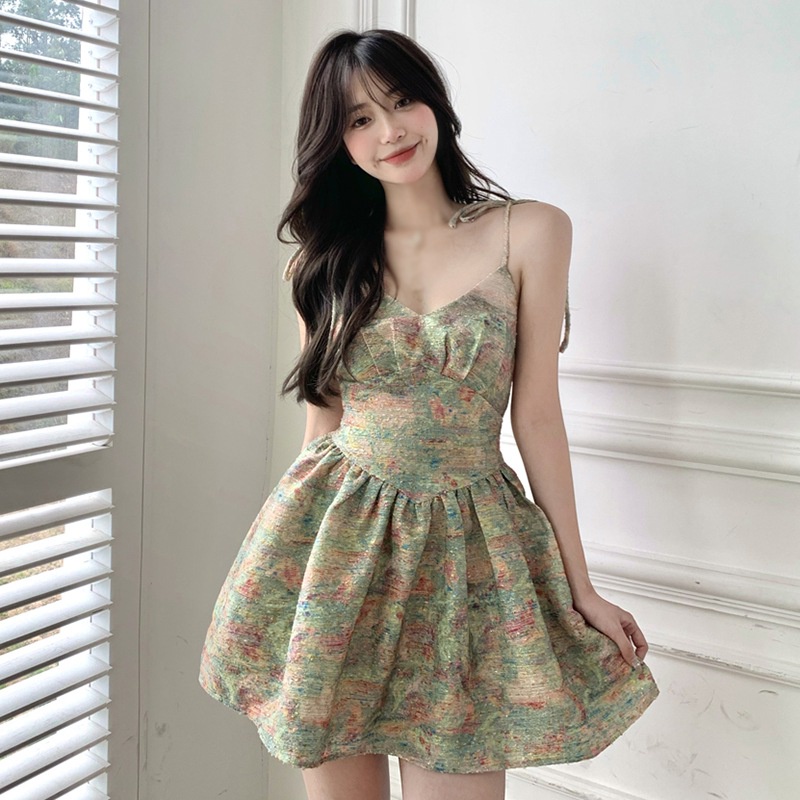 Đầm Hai Dây Dáng Chữ A Họa Tiết Màu Sơn Dầu Phong Cách Retro Độc Đáo