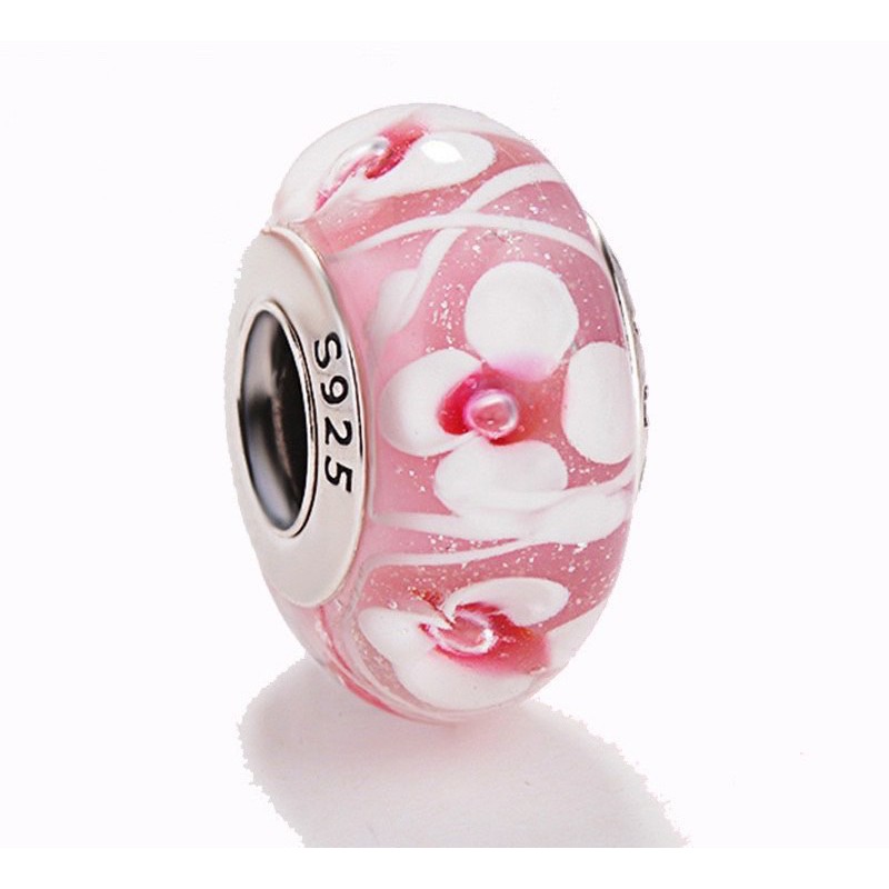 charm pan thuỷ tinh hoa đào hồng bạc s925 cao cấp