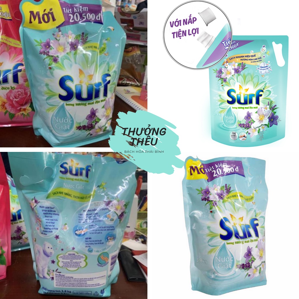 Nước giặt Surf Sương mai dịu mát túi 3.3kg hương cỏ hoa dịêu kì