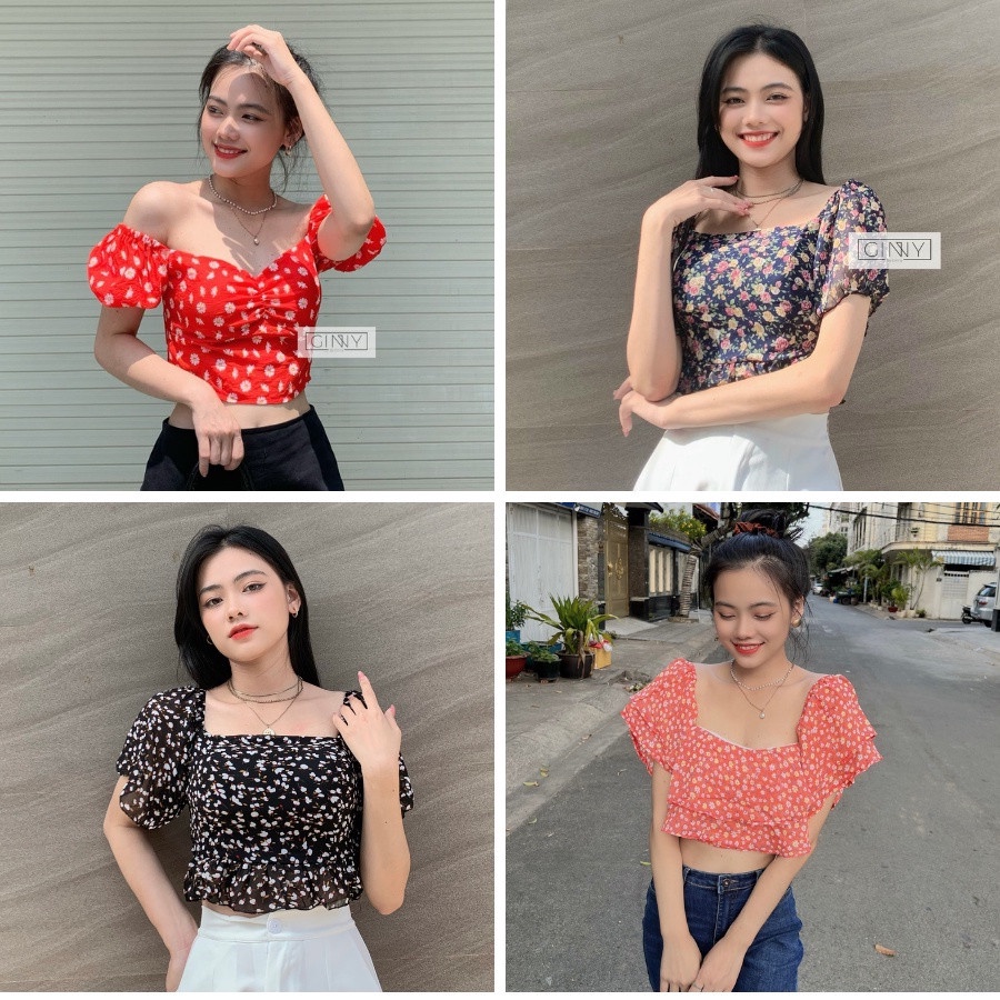 Áo kiểu croptop | Áo croptop bẹt vai voan tay lỡ