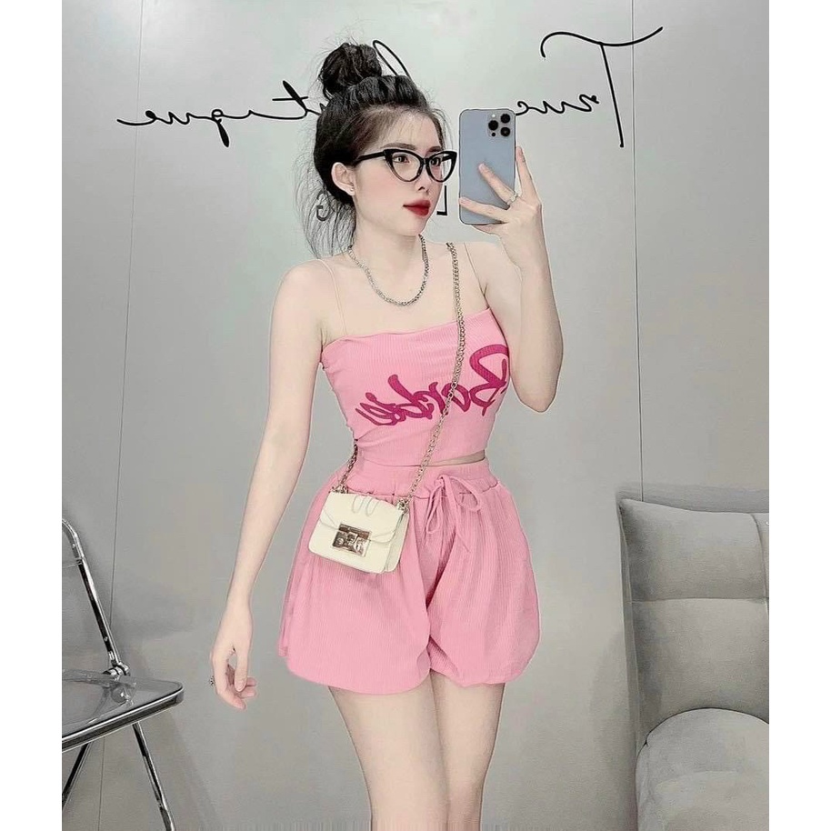 Set bộ mặc nhà áo 2 dây chữ babie quần đùi xoè thun gân mềm