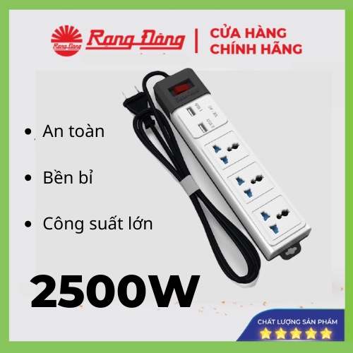 Ổ Cắm Điện Đa Năng Rạng Đông 2 Cổng USB, Ổ Điện Chịu Tải 2500W, Tích Hợp Rơ Le Tự Ngắt, Dây Nối Dài 3m, 5m