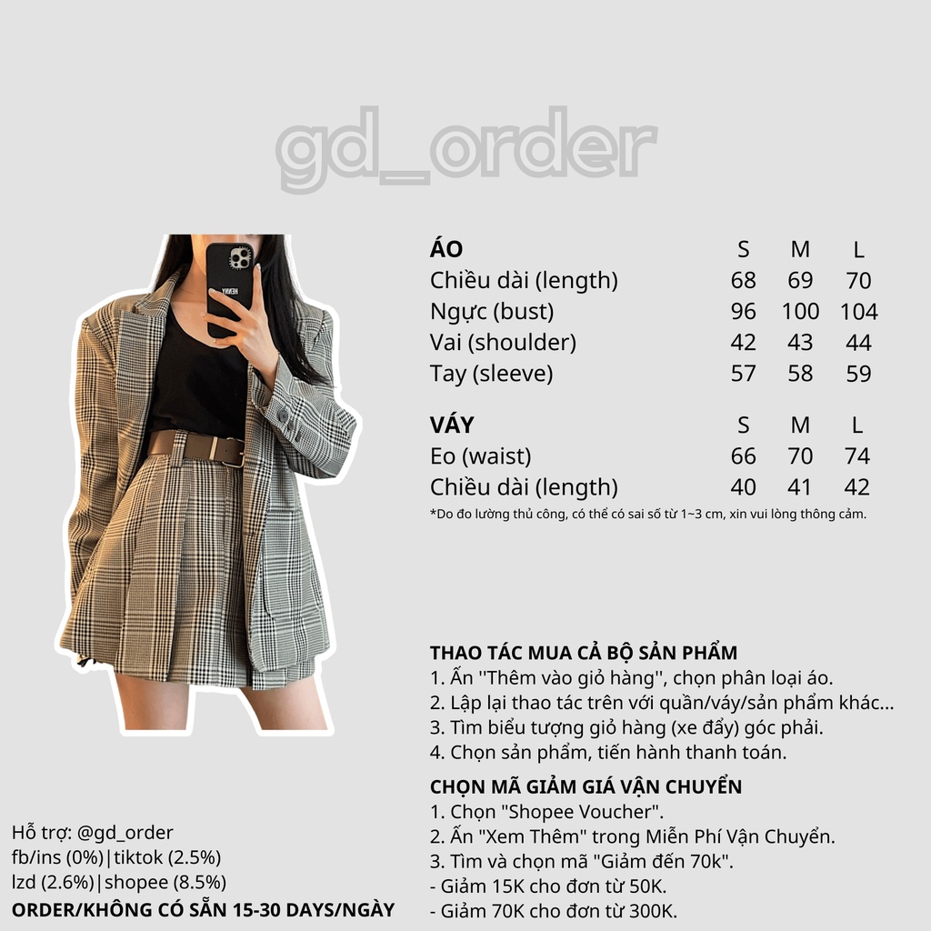B81|Set bộ áo vest caro kẻ sọc đồng phục cổ điển kèm váy xếp ly ngắn thanh lịch, công sở gd_order