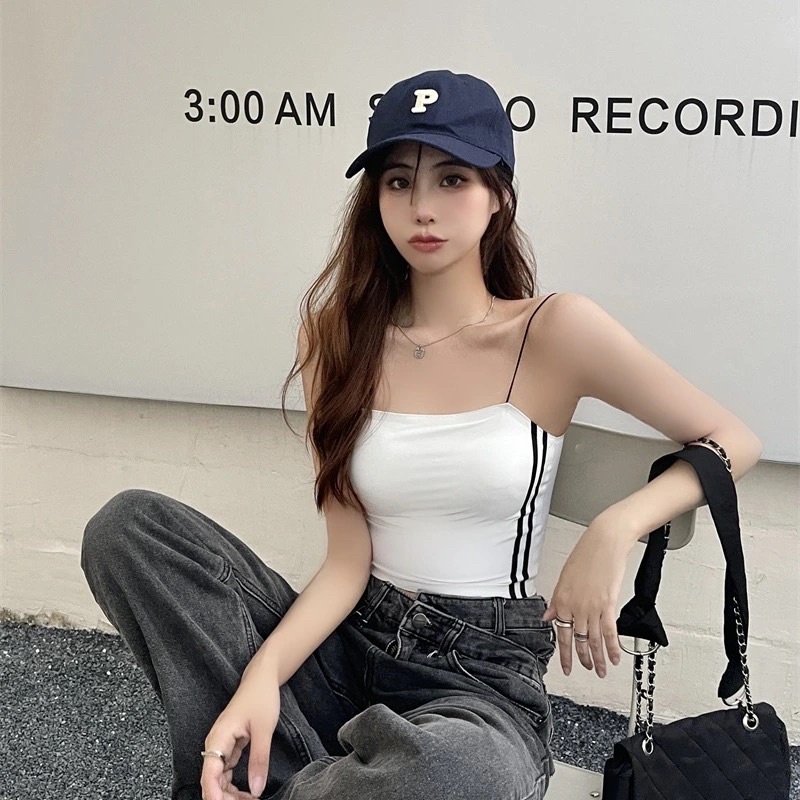 Áo Hai Dây Croptop Sọc Thể Thao Nữ Màu Đen Trắng Chất Đúc Không Viền Có Mút Đệm Ngực Tôn Dáng Siêu Co Dãn