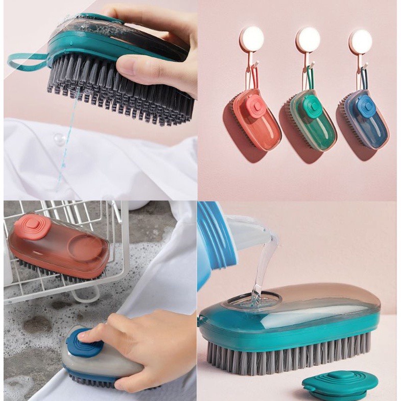 Bàn chải giặt đồ đa năng có bình chứa xà phòng và nút ấn tiện lợi