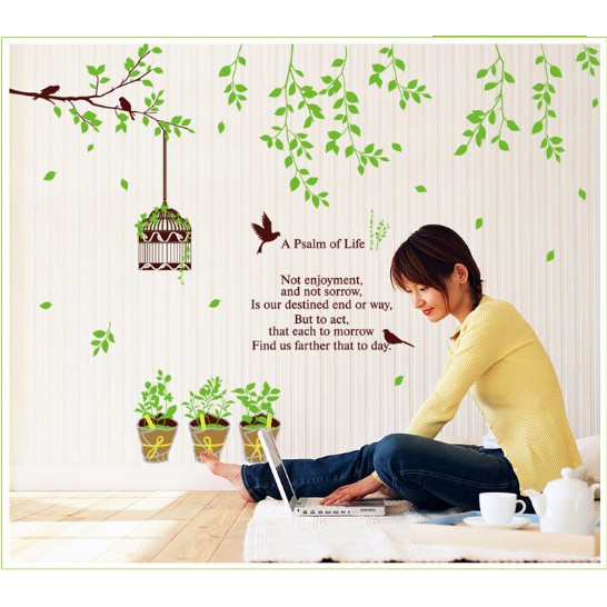 Decal trang trí mẫu Cây xanh và Lồng chim xinh