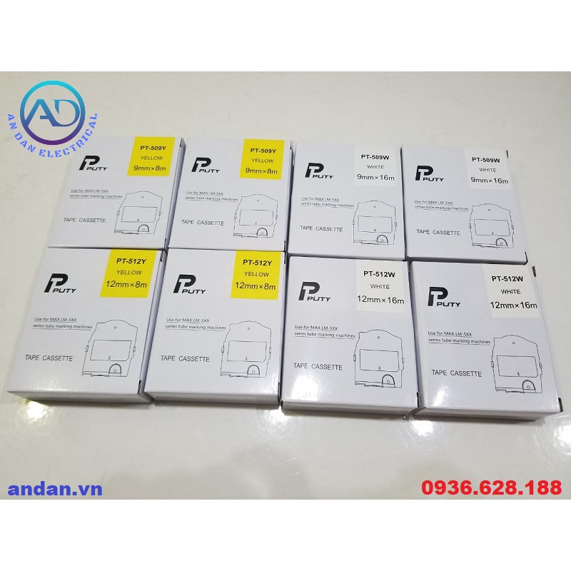 Băng nhãn in PT-509W, PT-512W dùng cho máy in đầu cốt MAX LM-550A, LM-550E