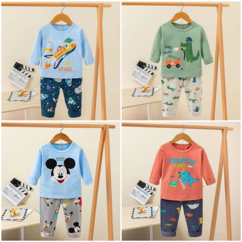 Bộ cotton dài tay cho bé trai Bộ xuất hàn Bộ quần áo thu đông mặc ở nhà cho bé từ 17-26kg