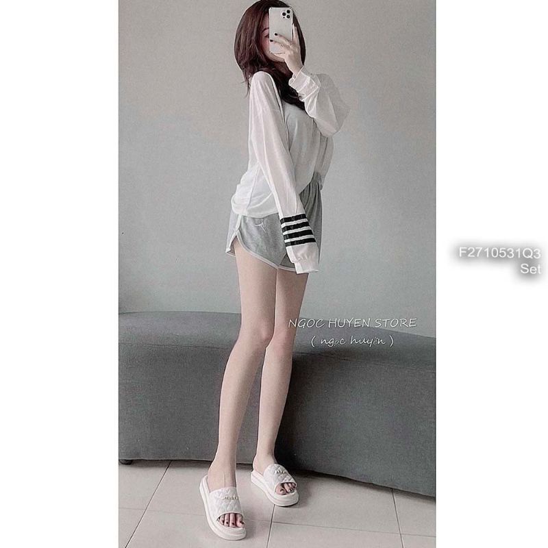 Set bộ thun giấy áo form rộng tay dài phối viền sọc bên kèm quần short viền!