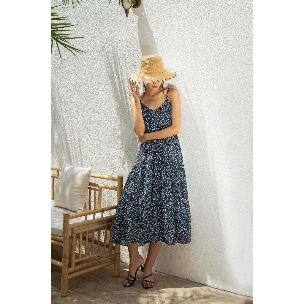 Đầm hai dây hoa nhí nữ YV LE & CO vải chiffon màu đen nhẹ nhàng