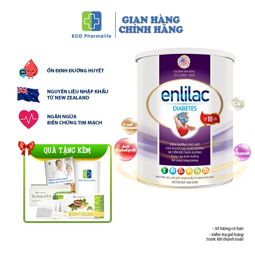 Sữa bột Enlilac Diabetes - 400gr, sữa dinh dưỡng cho người bệnh tiểu đường, giúp ổn định đường huyết