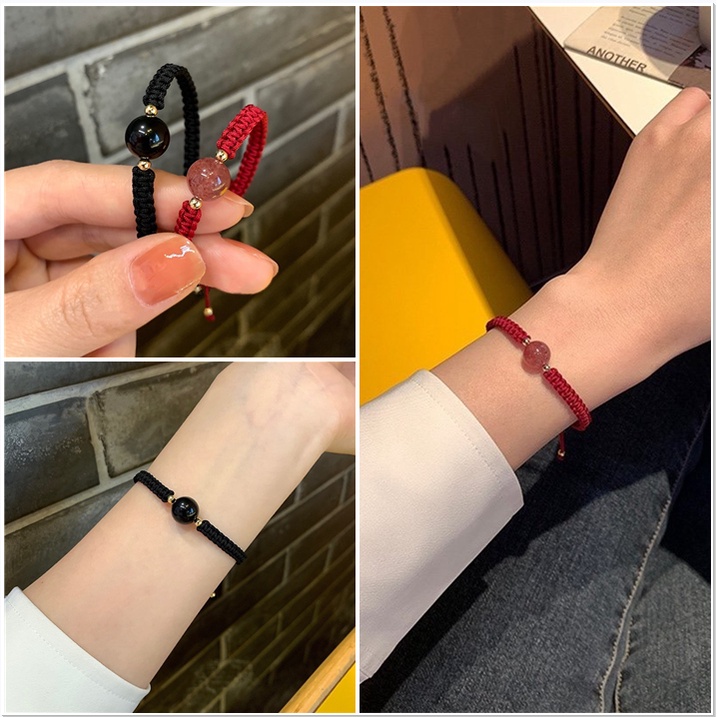 1 Cặp Vòng Tay May Mắn Hạt Đá Obsidian Màu Đỏ May Mắn Unisex