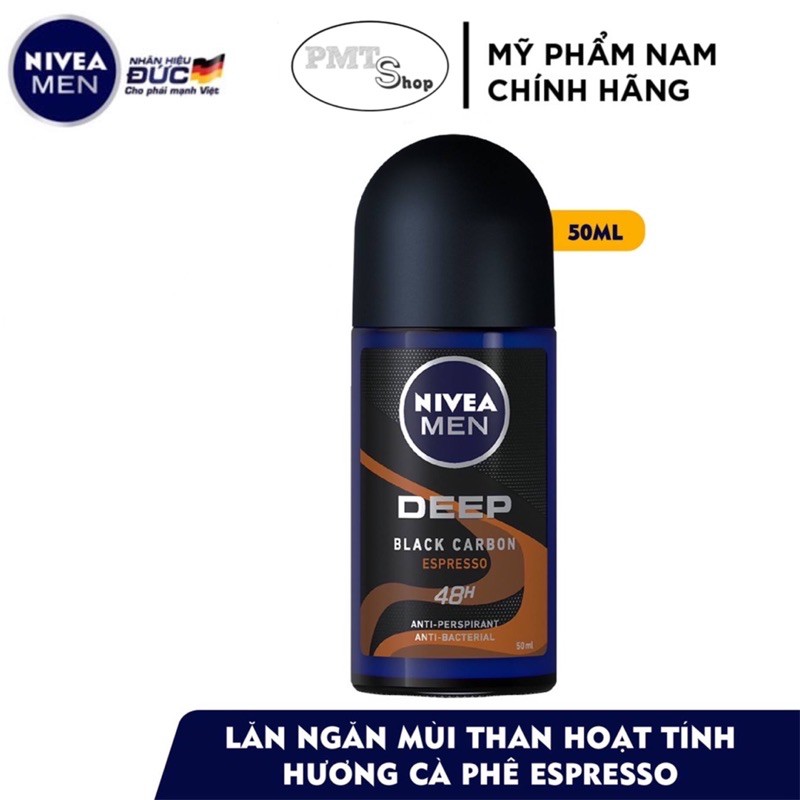 Combo 2 Lăn ngăn mùi NIVEA MEN Deep 50ml x 2 chai Black Charcoal Dry &amp; Clean Feel than đen hoạt tính