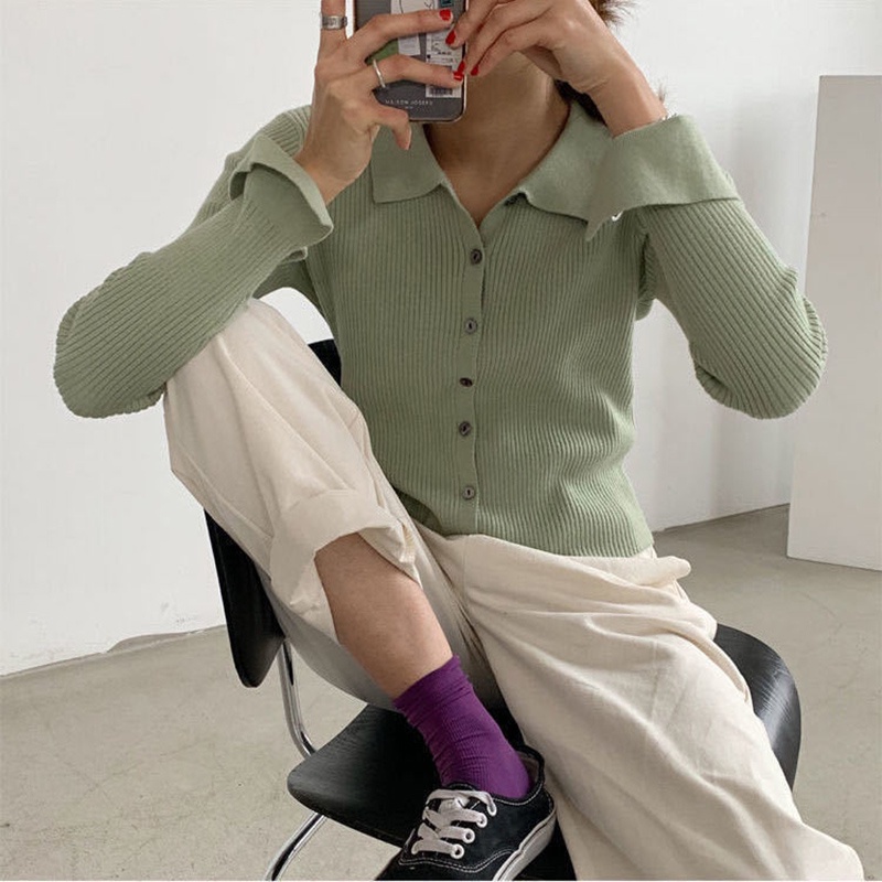 Áo Khoác Cardigan Dệt Kim Cổ Polo Phong Cách Retro Cho Nữ | BigBuy360 - bigbuy360.vn