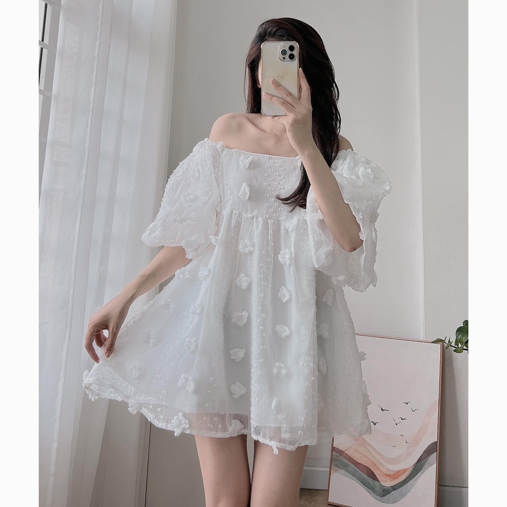 Áo Váy Babydoll Trễ Vai Đính Bông Áo Babydoll Bồng Bềnh