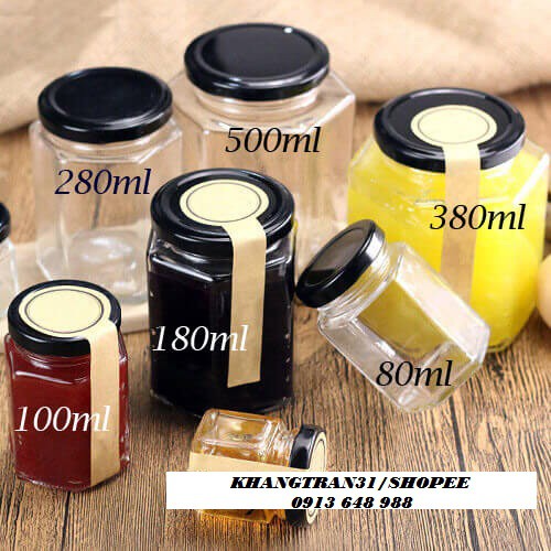 Hũ thủy tinh lục giác nắp thiếc đựng gia vị, hương liệu, mật ong nhiều cỡ 100ml, 180ml, 280ml, 500ml