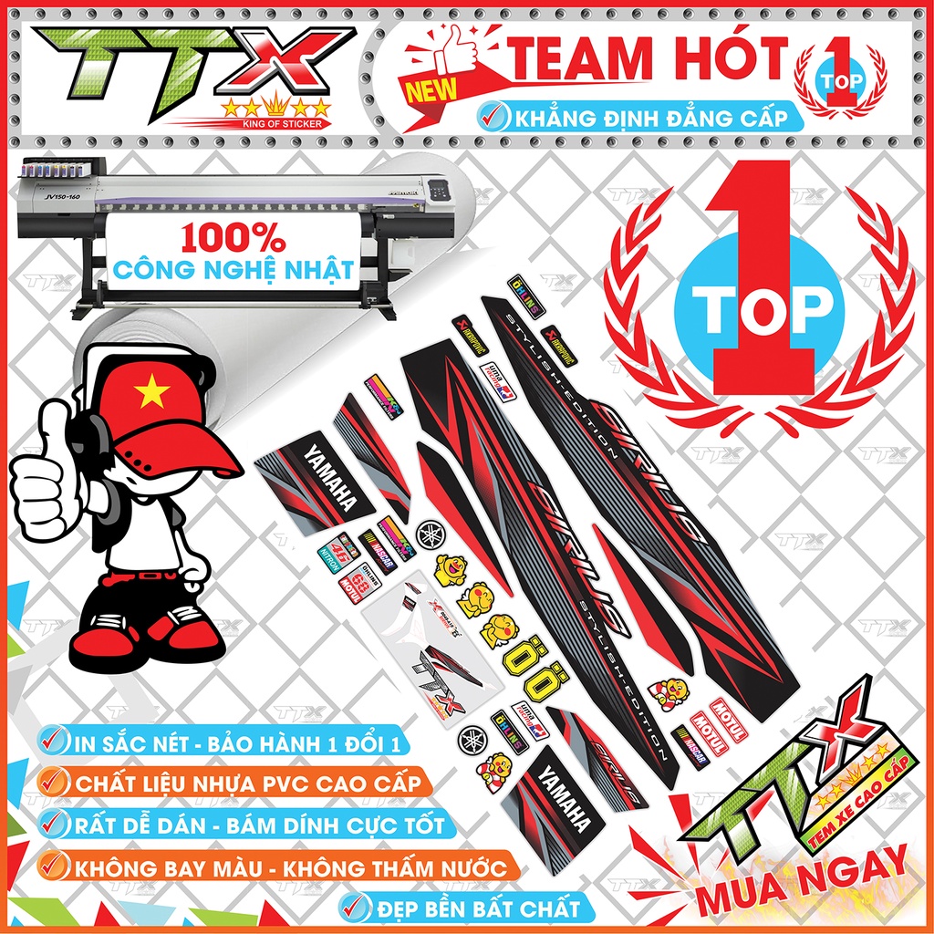 Tem rời sirius chỉ đỏ , Team chế sirius dán xe màu đen đỏ siêu đẹp , Shop TTX Tem xe sirius mã