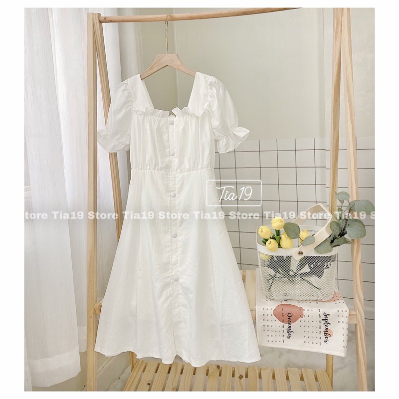 Váy trắng cúc bọc cộc tay . Đầm cổ vuông dáng xoè ulzzang Tia19 ( Ảnh thật)