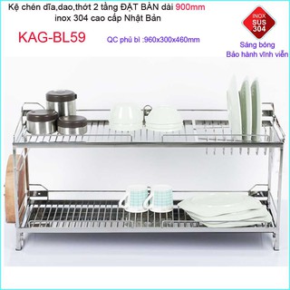 Kệ chén bát  đặt bàn dài 90cm Inox Nhật SUS304 KAG-BL59 , kệ  úp chén dĩa 2 tầng đa năng có giắt dao máng thớt khay hứng