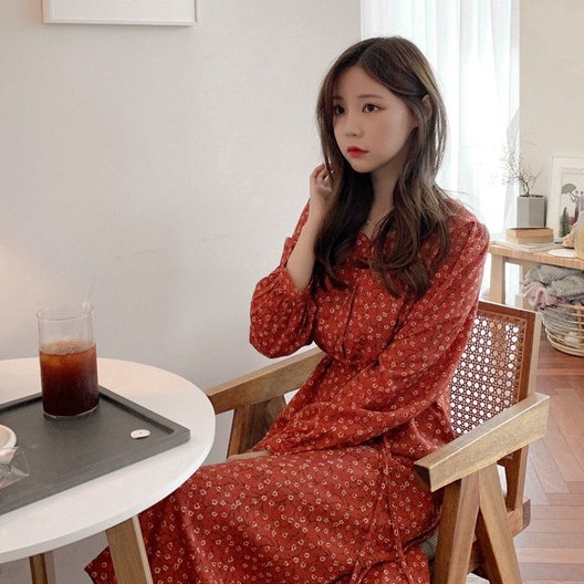 SUXI Đầm tay dài hoạ tiết hoa phong cách Hàn Quốc