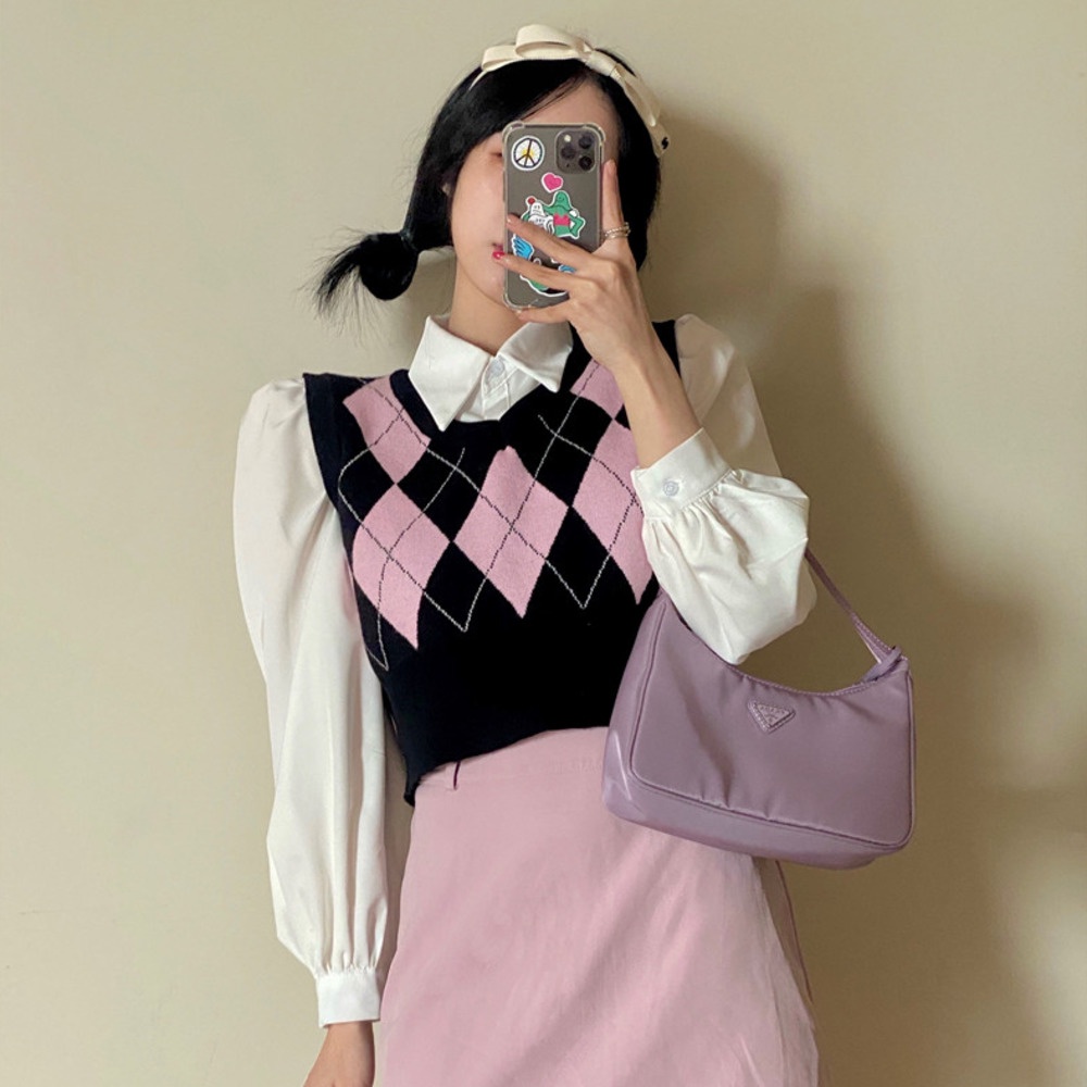 Áo len không tay cổ chữ V đính đá phong cách Hàn Quốc