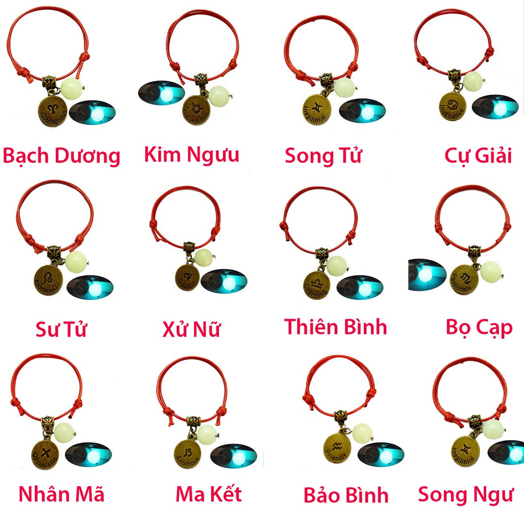 Vòng đeo tay phát sáng dây đỏ 12 cung hoàng đạo