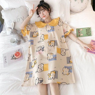 Đầm Ngủ Ngắn Tay Họa Tiết Dễ Thương Phong Cách Hàn Quốc Cho Nữ