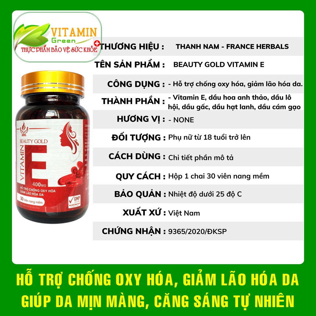 Viên uống đẹp da chống oxy hóa giảm lão hóa da BEAUTY GOLD VITAMIN E giúp da trắng sáng mịn màng
