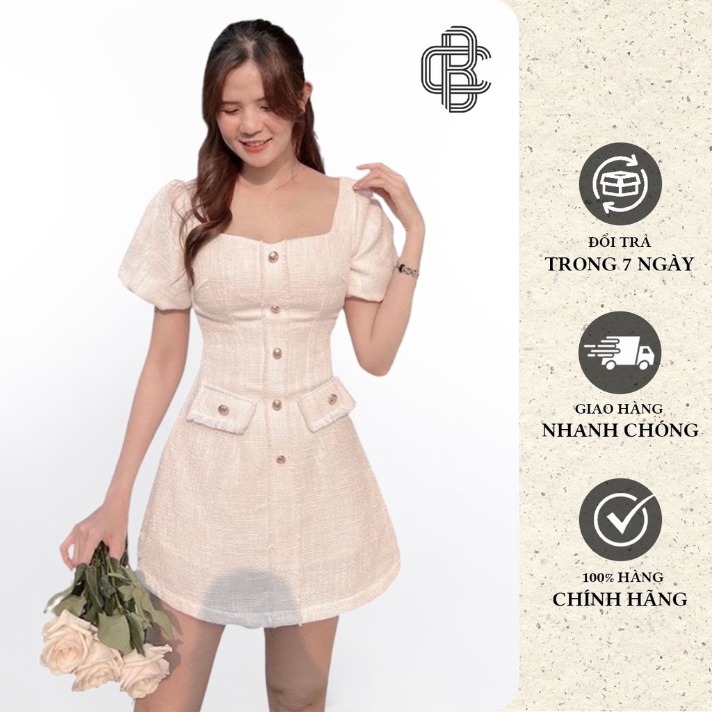 Váy dạ ngắn chiết eo tôn dáng tay bồng tiểu thư - La’coba