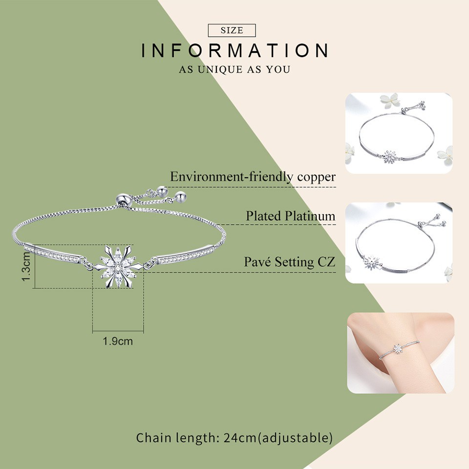 Vòng đeo tay BAMOER kích thước điều chỉnh được mặt hình bông tuyết đính đá zircon nhân tạo thời trang