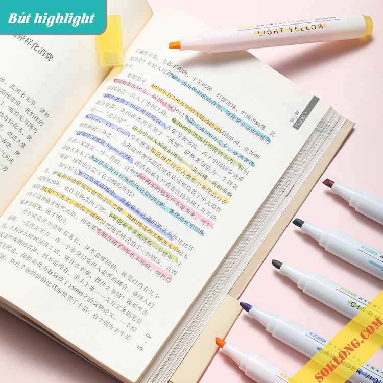 Bộ 6 bút highlight ghi nhớ dạ quang Sổ KLONG, bút đánh dấu màu Pastel nét đẹp