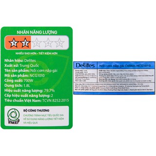 Nồi cơm nắp gài Delites NCG1010, 1.8 lít