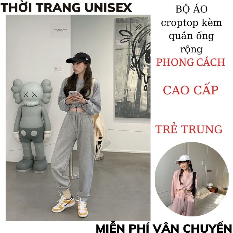 Sét bộ thể thao unisex  ,áo croptop dài tay quần jogger chất nỉ hàn dày dặn phong cách ulzzang THỜI TRANG 1989