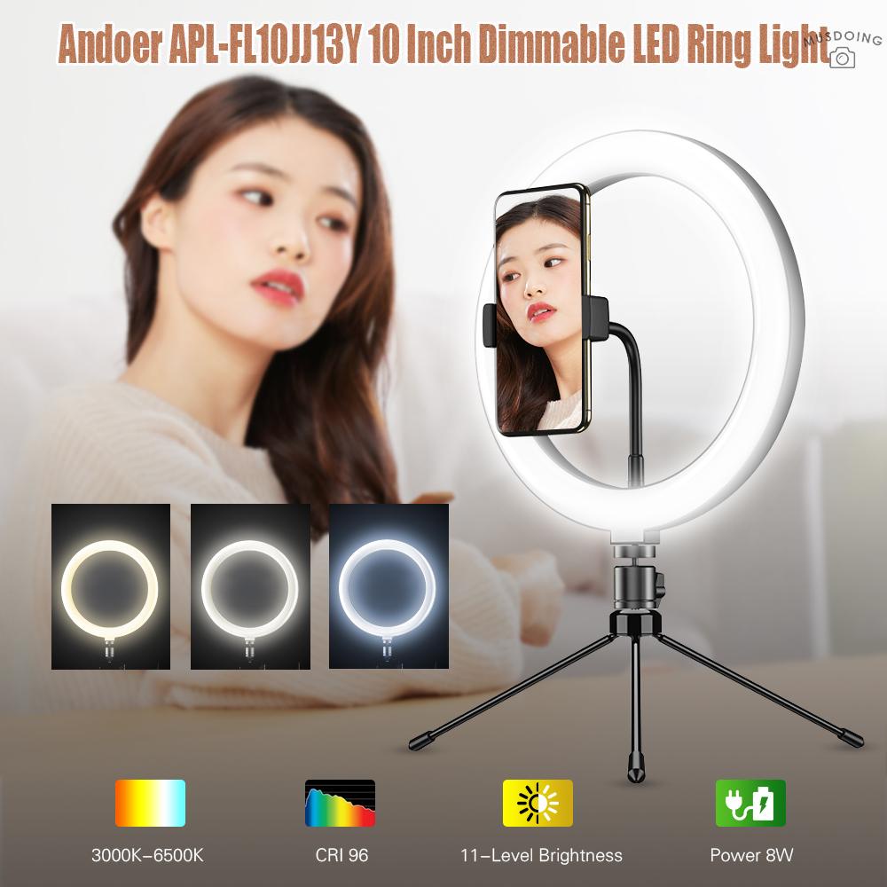 ღ Andoer APL-FL10JJ13Y 10 Inch Dimmable LED Selfie Ring Video Light 3000K-6500K LED Circle Light CRI 96 with Tabletop Tripod 3 Light Modes for Vlogging/ Live Streaming