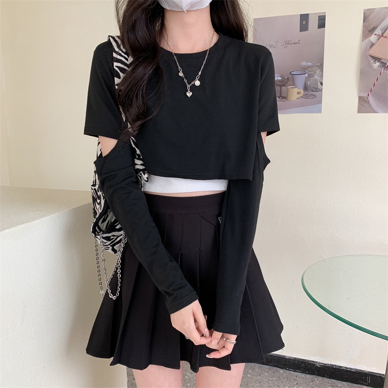 【ZHELIHANGFEI】Áo Thun Dài Tay Hở Eo Thiết Kế Giản Dị Thời Trang