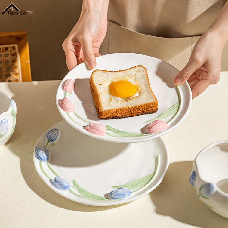 Bộ bát đĩa gốm sứ dập nổi ba chiều hình hoa Tulip phong cách cổ điển Tiệm Cô tít