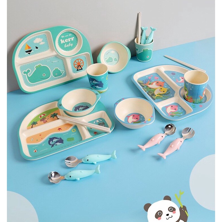 Set Ăn Dặm 6 Món Làm Từ Sợi Tre An Toàn Cho Bé, Khay Ăn Dạm Ngộ Nghĩnh
