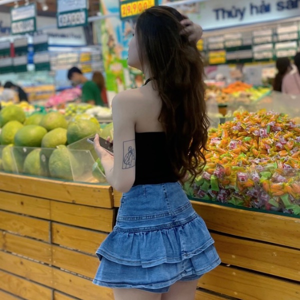 Chân váy xoè tầng ,chân váy jeans cao cấp PLV52