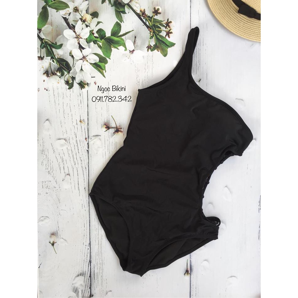Bikini 1 mảnh áo tắm áo bơi nữ đen dây đan 1 bên eo ( Ảnh chụp từ khách)