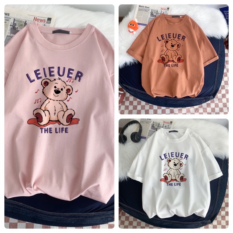 [Rẻ vô địch] Áo thun cotton tay lỡ dáng rộng unisex gấu LEiEURE