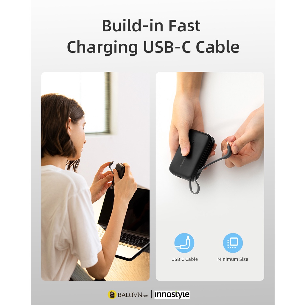 Pin Sạc Dự Phòng Innostyle Powergo Mini 10000 mAh 22.5W Tích Hợp Cáp USB-C IP22PDBLK