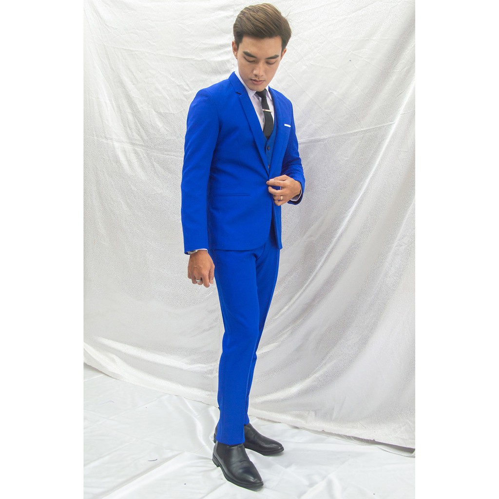 Bộ vest nam và gile + sơ mi ôm body màu xanh coban tặng cà vạt nơ