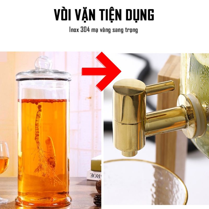 [ TẶNG KÈM KỆ GỖ ] Bình nước thủy tinh- Bình thủy tinh cao cấp có vòi kèm kệ gỗ tiện lợi, bình đựng rượu, ngâm hoa quả .